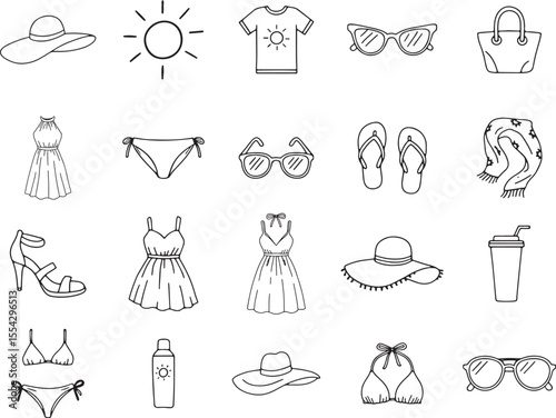 Collection of Summer Beach Fashion Icons Minimalist Line Art