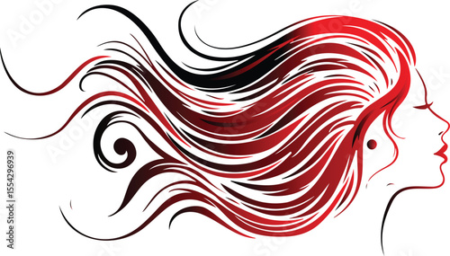 Elegant Woman's Profile with Flowing Red and Black Hair Illustration