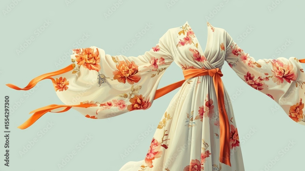 Naklejka premium A flowing, floral print dress with an orange sash.