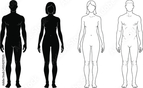 Human body silhouettes, male and female, black and white, front view, profile design, vector illustration, anatomy reference, outline and fill, isolated figuresPrint