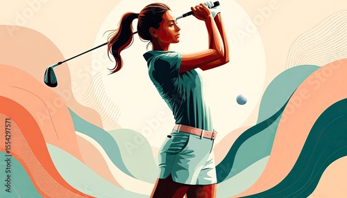 A young woman with long brown hair swings a golf club. She wears a teal shirt and white shorts. The background features abstract waves in pastel colors.
