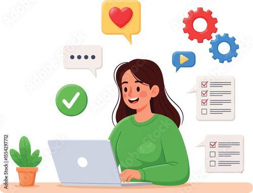 Smiling Woman Working on Laptop - Digital Productivity & Communication