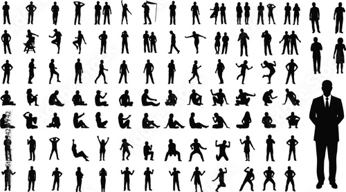Human silhouettes, pose collection, standing figure, suit silhouette, black and white, body movement, walking, running, sitting, jumping, vector art, character design, motion reference, 