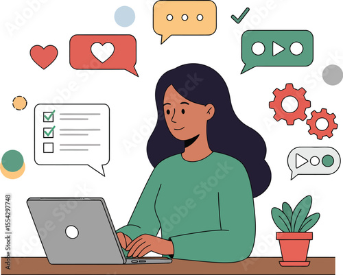 Smiling Woman Working on Laptop - Digital Productivity & Communication