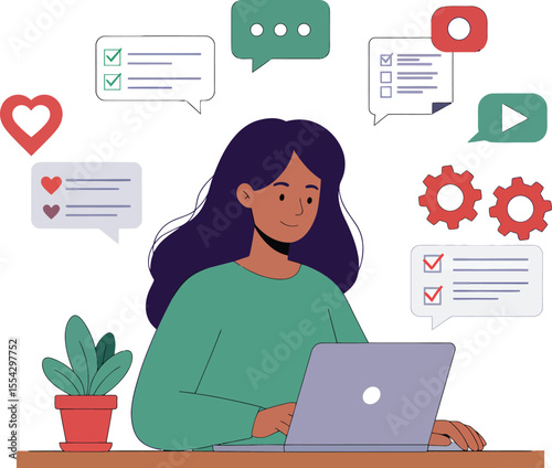 Smiling Woman Working on Laptop - Digital Productivity & Communication