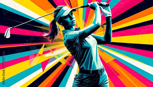 A young woman with long brown hair swings a golf club. She wears a cap and a polo shirt. The background features vibrant colors and dynamic patterns.