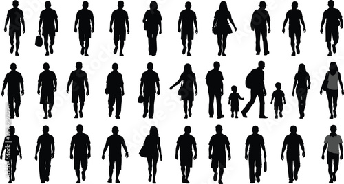 Diverse Collection of Pedestrian Silhouettes, Depicting Men, Women, and Children Walking in Various Styles, Representing Urban Life and Everyday Activities