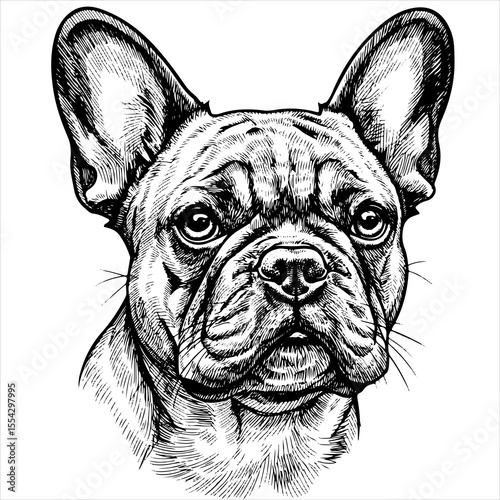 head french bulldog pet portrait engraving intricate retro hand drawn style line art black and white vector illustration, isolated on white background