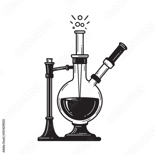 Black and white vintage art silhouette of a laboratory flask equipment for science studies