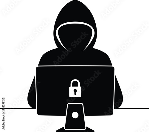 Hacker Silhouette with Laptop Lock - Cybersecurity Threat Icon