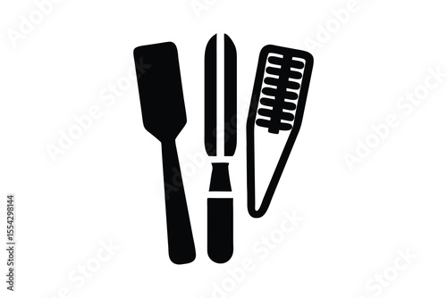 Simple Black and White Illustration of a Spatula, Comb, and Hairbrush
