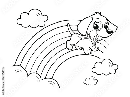 Puppy and rainbow coloring page. Fun design ready to print on standard paper. Fun puppy and rainbow coloring page
