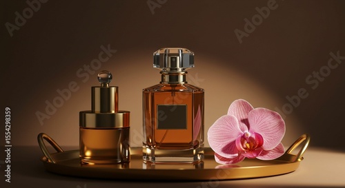 Elegant perfume bottles with orchid on golden tray for beauty advertising
