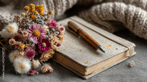 Flat lay of gratitude journal, elegant pen, and dried flower petals on neutral background, perfect for mindfulness visuals, journaling themes, or calm lifestyle and wellness content