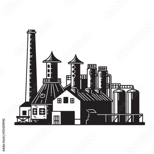 Classic vintage art silhouette of a factory depicting industrial production and manufacturing
