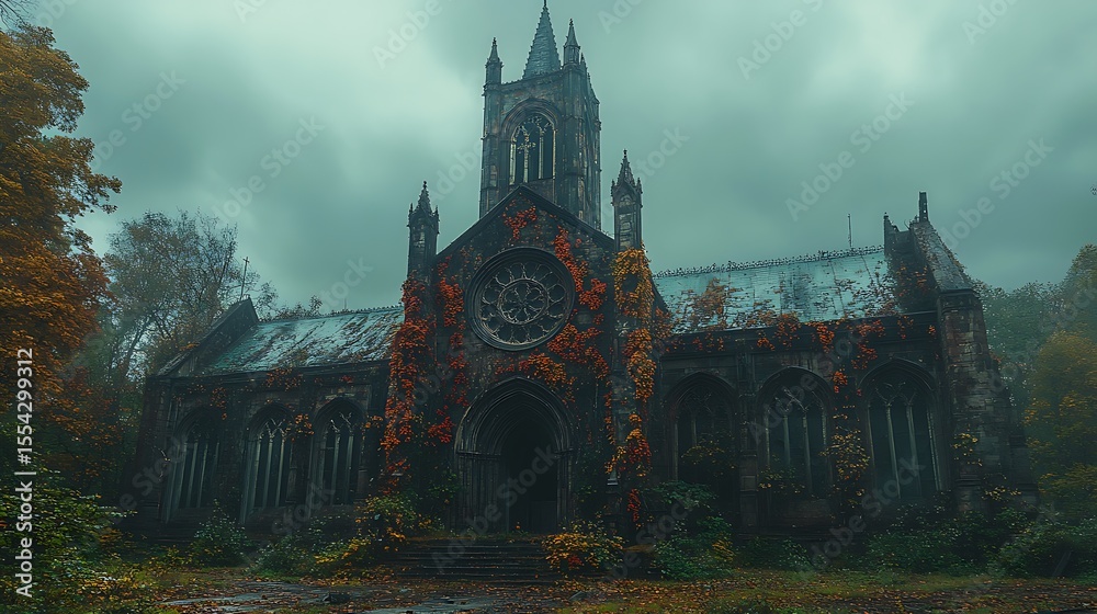Fototapeta premium Weathered stone building in misty landscape