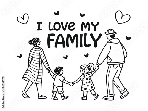 I love my family coloring page. You can print it. Black and white, happy family. Easy mom and dad coloring page for kids