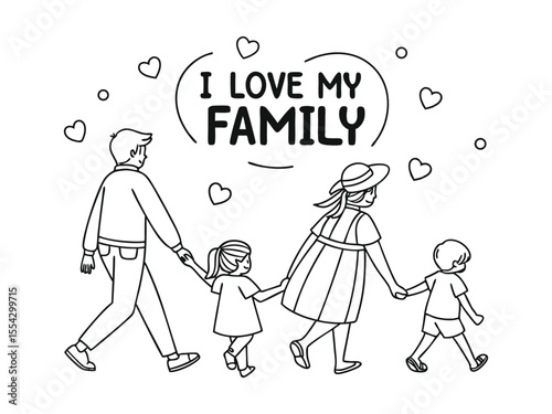 I love my family coloring page. You can print it. Black and white, happy family. Easy mom and dad coloring page for kids