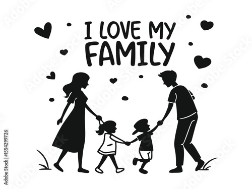 I love my family coloring page. You can print it. Black and white, happy family. Easy mom and dad coloring page for kids