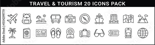 Travel and Tourism Line Icons Vector Set - Minimalist black line icons representing travel and tourism concepts, including transport, vacation, maps, and sightseeing essentials.