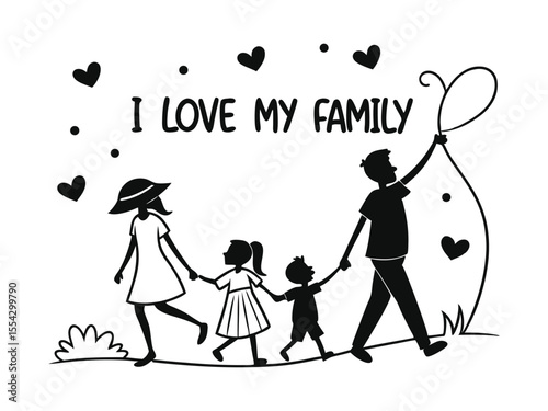 I love my family coloring page. You can print it. Black and white, happy family. Easy mom and dad coloring page for kids