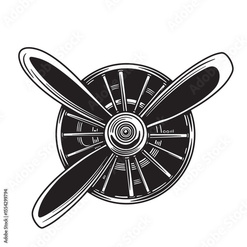 Detailed black and white vintage art silhouette of an aircraft propeller design