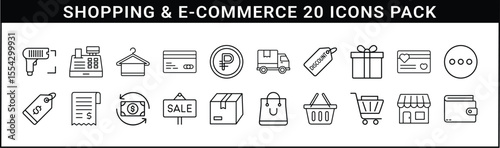 Shopping and E-Commerce Line Icon Vector Set - Set of 20 minimalist black line icons representing online shopping, retail, transactions, delivery, sales, and e-commerce tools.