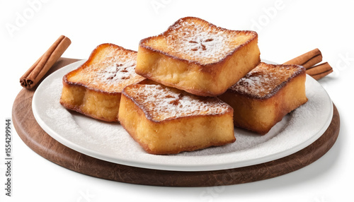 A plate of golden brown rabandas generously sprinkled with a mixture of powdered sugar and cinnamon. AI generated.

