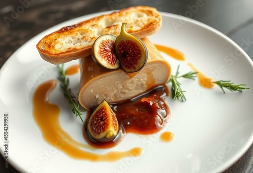 Gourmet foie gras presentation with fig jam and toasted brioche