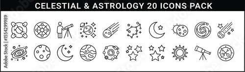 Celestial and Astrology 20 Outline Icons Set - Minimal line icons representing stars, planets, moon phases, constellations, and telescopes for space, astronomy, and astrology themes.