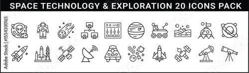 Space Technology and Exploration Outline Icons Set - A collection of 20 outline icons featuring space exploration, technology, astronomy tools, spacecraft, satellites, and alien themes.