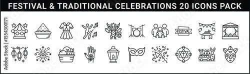 Festival and Traditional Celebration Icons Set - Outline icon pack featuring 20 symbols for festivals and traditional celebrations, including dance, food, music, lanterns, and masks.
