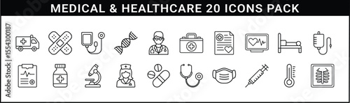 Medical and Healthcare Line Icon Set for Clinics - Collection of 20 clean black line icons featuring medical tools, doctors, hospital equipment, and healthcare symbols for clinical use.
