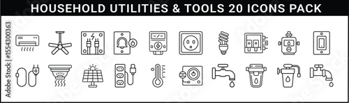 Household Utilities and Tools Outline Icons Set - Set of 20 outline icons representing household utilities and tools, including electricity, water, lighting, temperature control, and safety equipment.