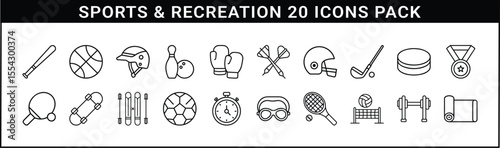 Sports and Recreation Line Icons Vector Pack - Set of 20 black line icons representing various sports equipment, activities, and fitness tools for recreation, training, and competition.