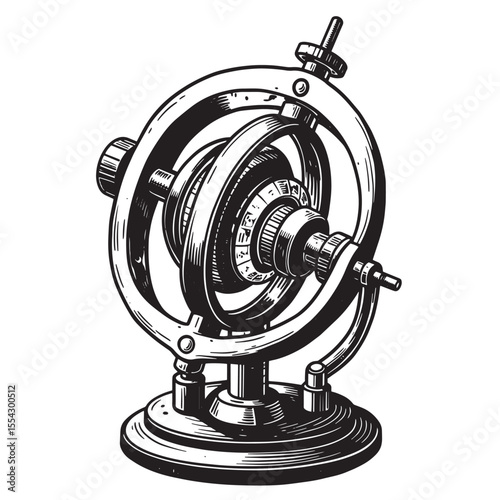 Detailed vintage art silhouette illustration of a complex mechanical device with rotating rings