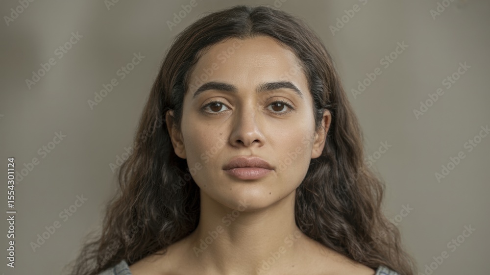 Fototapeta premium Young hispanic female with long curly hair and neutral expression