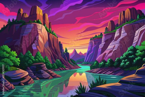 Rocky River Cliffs with dense greenery and calm reflections green landscape, Highly detailed vector illustration