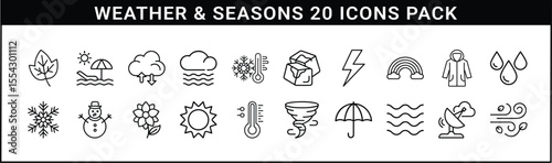 Weather and Seasons Line Icon Vector Pack - Set of 20 minimalist black line icons illustrating weather conditions, seasonal changes, and atmospheric elements for forecast or climate visuals.