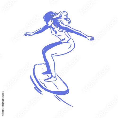 Hand drawn surf girl sketch with pastel chalk texture. Feminine surfer silhouette in motion, for Hawaiian print, vintage beachwear, nostalgic summer travel designs.