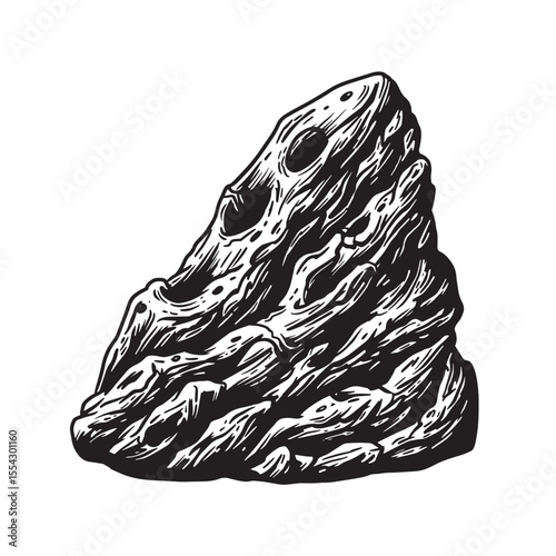 Detailed vintage art silhouette of an abstract rock formation with eroded holes