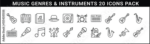 Music Genres and Instruments Outline Icons Set - 20 outline icons featuring musical instruments and genre symbols, including guitars, microphones, keyboards, notes, and performance elements.