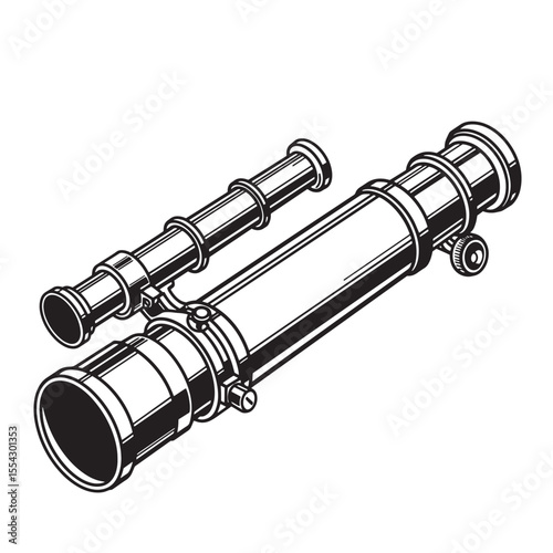 Detailed vintage art silhouette of two telescopes in black and white with optical lenses