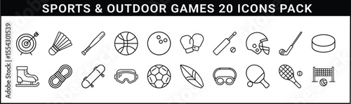 Sports and Outdoor Games Outline Icons Set - 20 outline icons featuring various sports and outdoor games equipment, including balls, rackets, helmets, paddles, and protective gear.