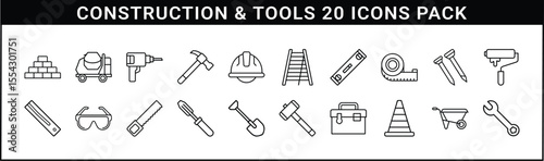 Construction and Tools Line Icon Vector Set - Collection of 20 black line icons featuring construction equipment, hand tools, and safety gear for building, repair, and industrial design needs.