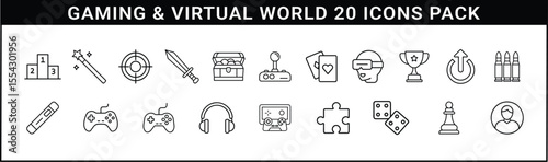 Gaming and Virtual World Line Icon Set - Black line icon pack of 20 symbols representing gaming, virtual reality, online play, and digital entertainment for interactive media projects.