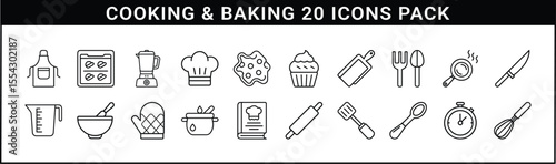 Cooking and Baking Line Icon Vector Set - Set of 20 black line icons representing kitchen utensils, ingredients, and baking tools for culinary, recipe, and food preparation designs.