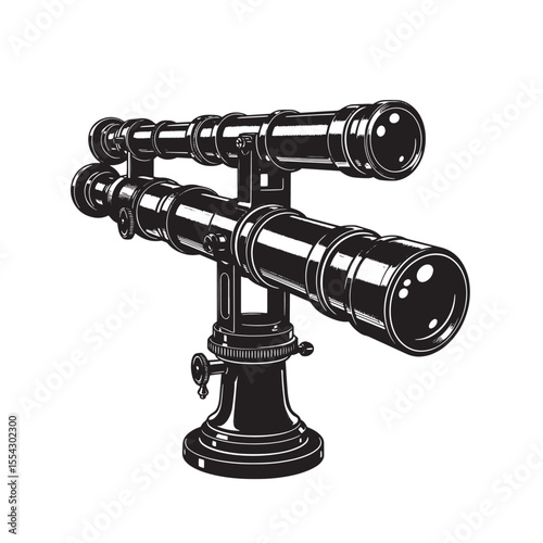 Elegant vintage art silhouette of a detailed twin telescope for astronomy and science