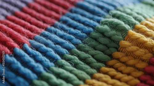 Close-up of colorful interwoven textile pattern with red, blue, green, yellow threads