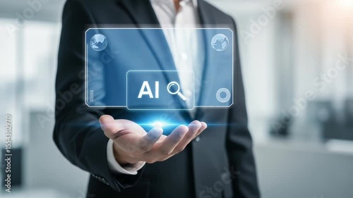 Wallpaper Mural Person in Black Suit Holding a Glowing Ai Interface with Search Icon Over the Hand With Soft Lighting and Modern Background Torontodigital.ca
